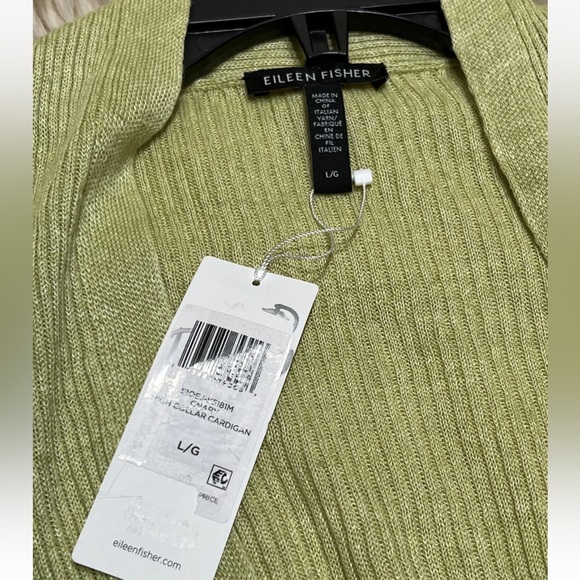 Eileen Fisher 100% Organic Linen Delave High Collar Green Cardigan Canary Sz L - Picture 11 of 12